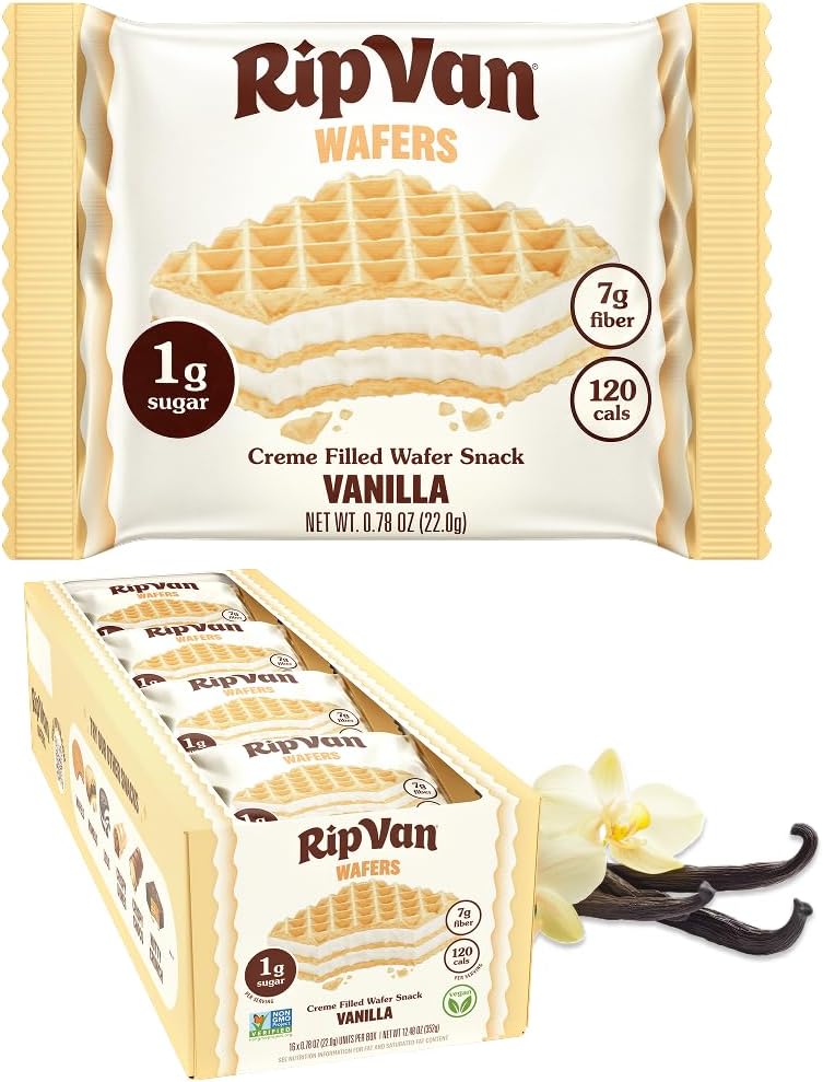 Rip Van Vanilla Keto Wafer Cookies, Healthy Vegan Snack, Non GMO, Low Carb, Low Sugar (1g), Low Calorie, 16 Count