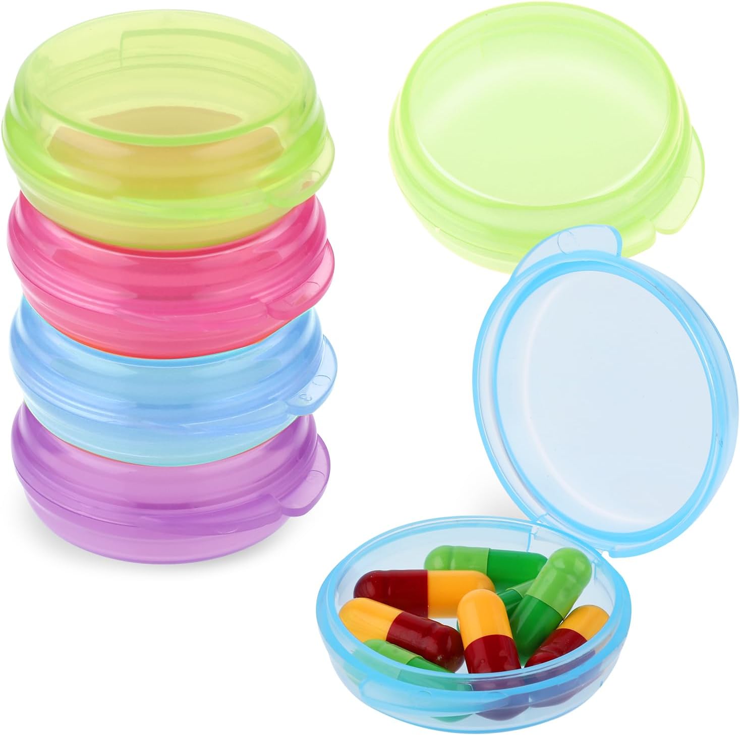 4Pcs Small Pill Box Cute Portable Pill Case Travel Pills Organizer Case Medicine Dispenser Earplug Container Vitamin Holder Liver Oil Storage Case for Women Men Pocket Purse Briefcase