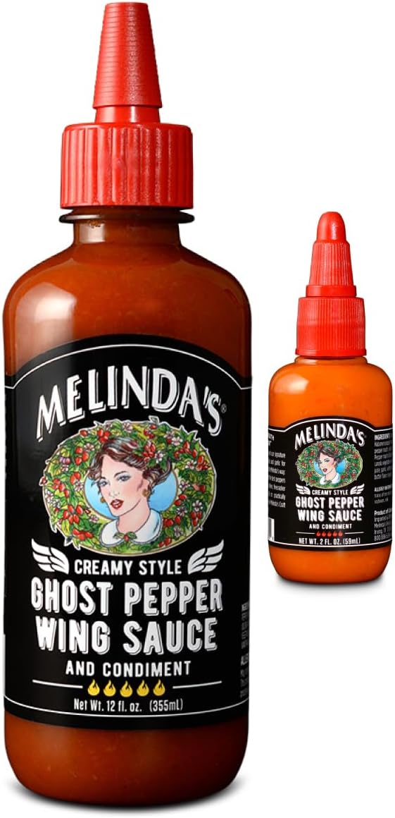 Melinda’s Ghost Pepper Wing Sauce - 1 Pack 12 Oz &Mini - Gourmet Spicy Hot Sauce - Made with Fresh Ingredients, Ghost Peppers (Bhut Jolokia), Habanero Pepper, Carrot, Garlic, Lime - Vegan, Gluten Free