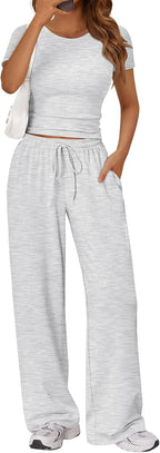 Trendy Queen 2 Piece Matching Summer Sweatsuit Lounge Set Womens Wide Leg Pants Side Ruching Crop Top Sets