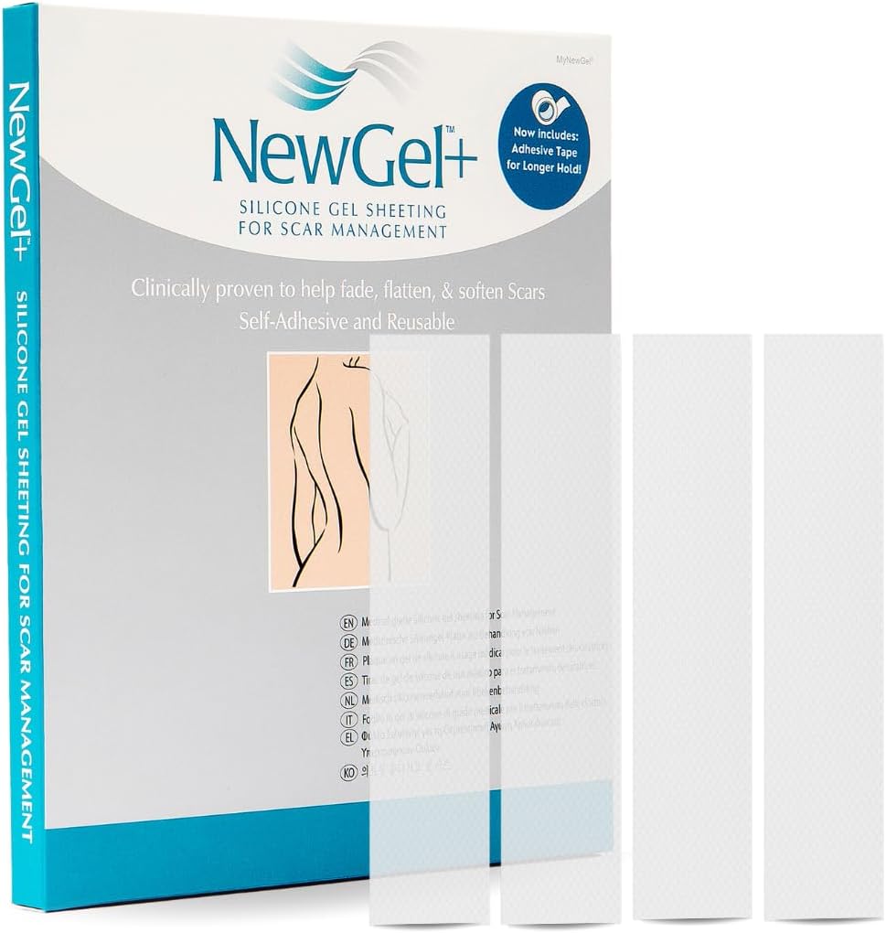 Advanced Silicone Scar Treatment Sheets for OLD, NEW Scars, Surgery, Keloids, C-Section, Burns, by NewGel Plus by MyNew Gel, 1" x 6" Sheet (4 Count) - CLEAR