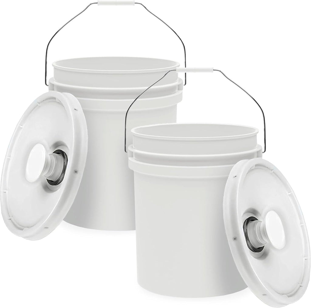 5-Gallon White Bucket Pail with Spout Lid, Metal Handles with Plastic Grip for Easy Carrying, Easy Stack and Store, Heavy-Duty Extra Durable, Food Grade, BPA Free - 2 Pack