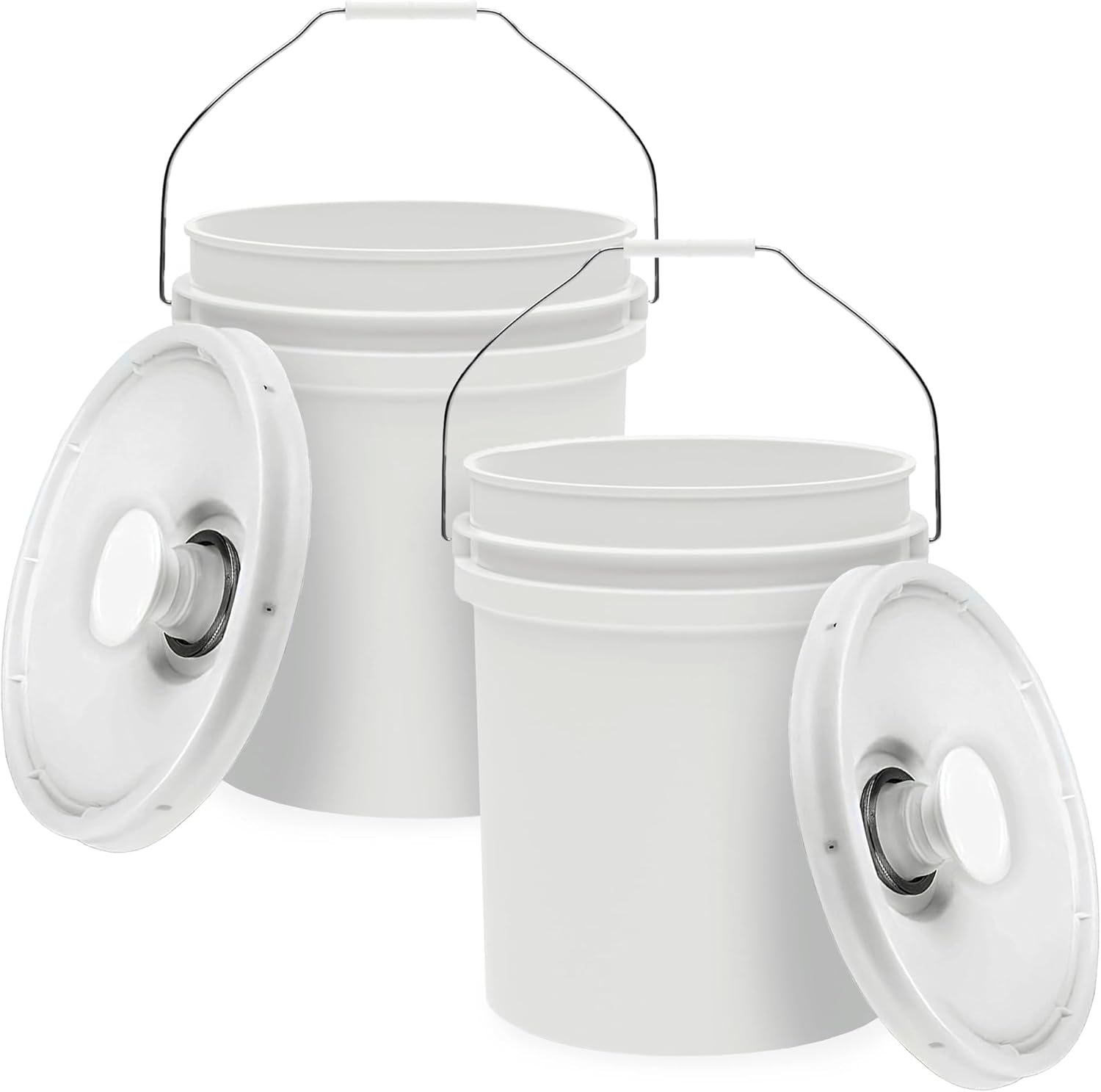 5-Gallon White Bucket Pail with Spout Lid, Metal Handles with Plastic Grip for Easy Carrying, Easy Stack and Store, Heavy-Duty Extra Durable, Food Grade, BPA Free - 2 Pack