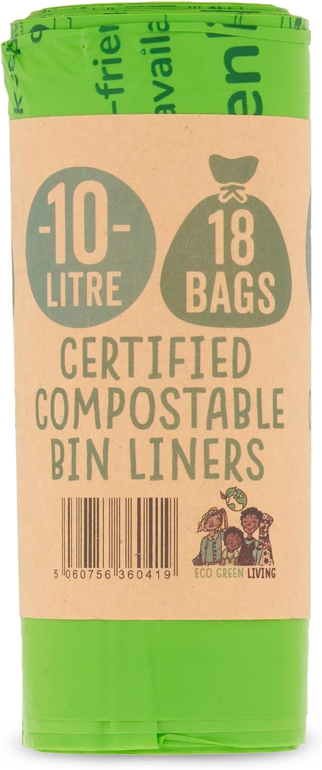 Eco Green Living 10 Litre Compostable Caddy Liners – Plastic Free & Recyclable Food Waste Bin Bags, Leak Resistant Small Bin Liners for Kitchen Caddies, 51 x 82 cm, Pack of 18 Bags