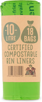 Eco Green Living 10 Litre Compostable Caddy Liners – Plastic Free & Recyclable Food Waste Bin Bags, Leak Resistant Small Bin Liners for Kitchen Caddies, 51 x 82 cm, Pack of 18 Bags