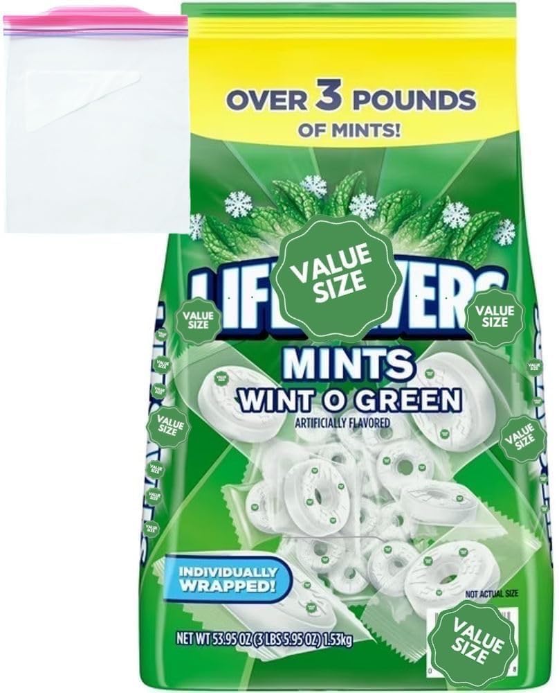 LifeSave Wint O Green Mints, Individually Wrapped Hard Candy, Value Size 3.5 lbs Bag with Storage Bag