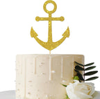 Gold Glitter Ship Anchor Cake Topper - for Baby Shower/Nautical Themed Party/Navy Themed Bon Voyage/Navy Wedding Party Decorations Supplies