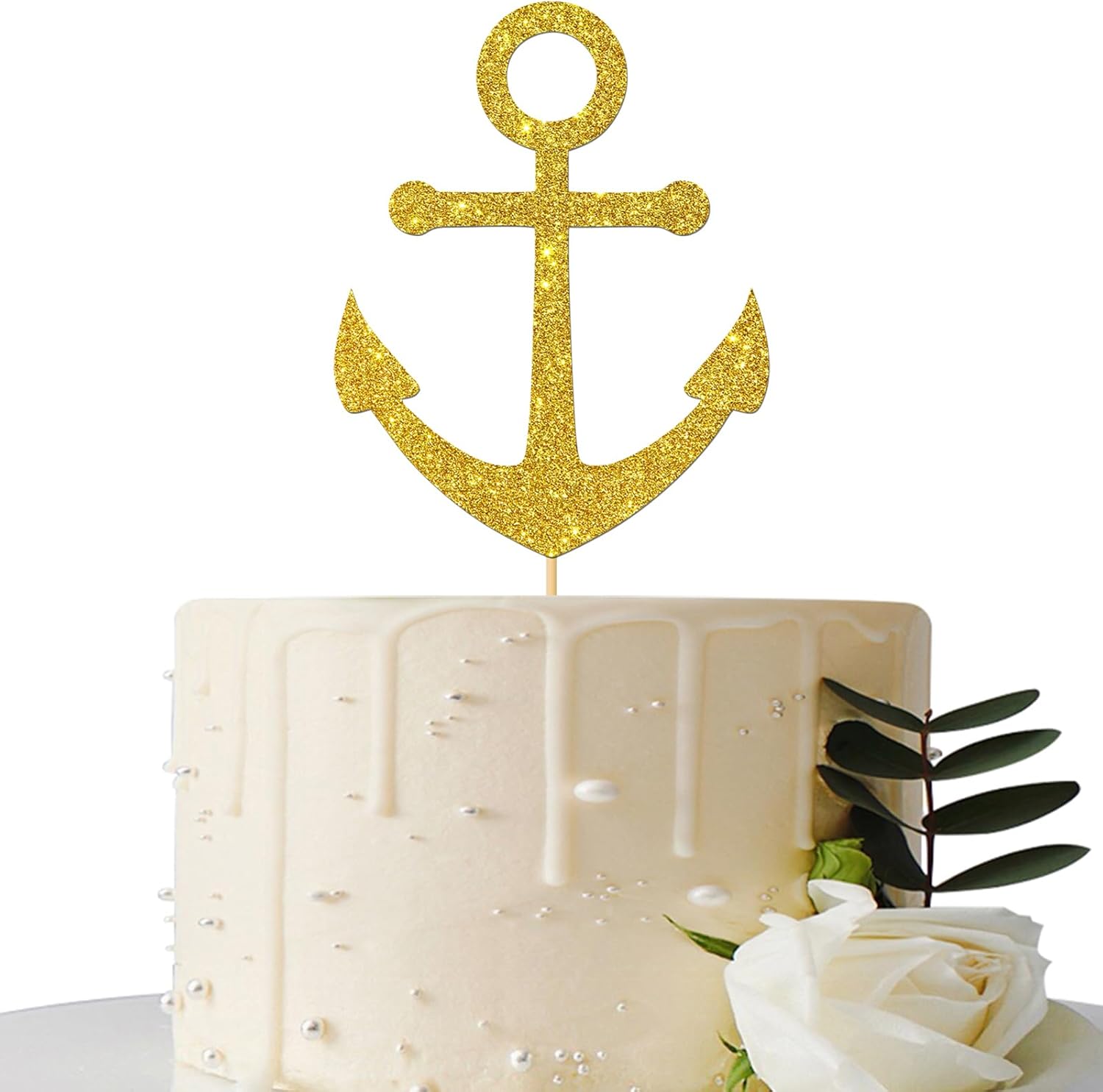 Gold Glitter Ship Anchor Cake Topper - for Baby Shower/Nautical Themed Party/Navy Themed Bon Voyage/Navy Wedding Party Decorations Supplies