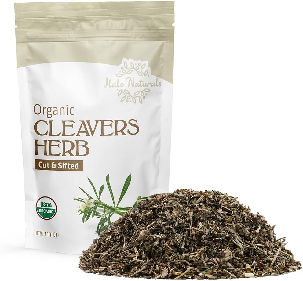 Halo Naturals Organic Cleavers Herb Cut & Sifted, 4 Ounces (Galium aparine) USDA Certified | Resealable Pouch| Packaged in The USA