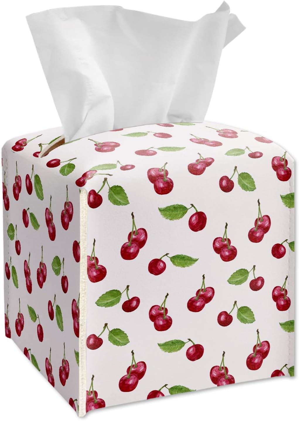 Tissue Box Cover Square - Red Cherries Tissue Box Holder with Bottom Belt, Leather Facial Paper Holder Decor for Bathroom Vanity Countertop, Nightstands, Dining Table, Office, Car -07