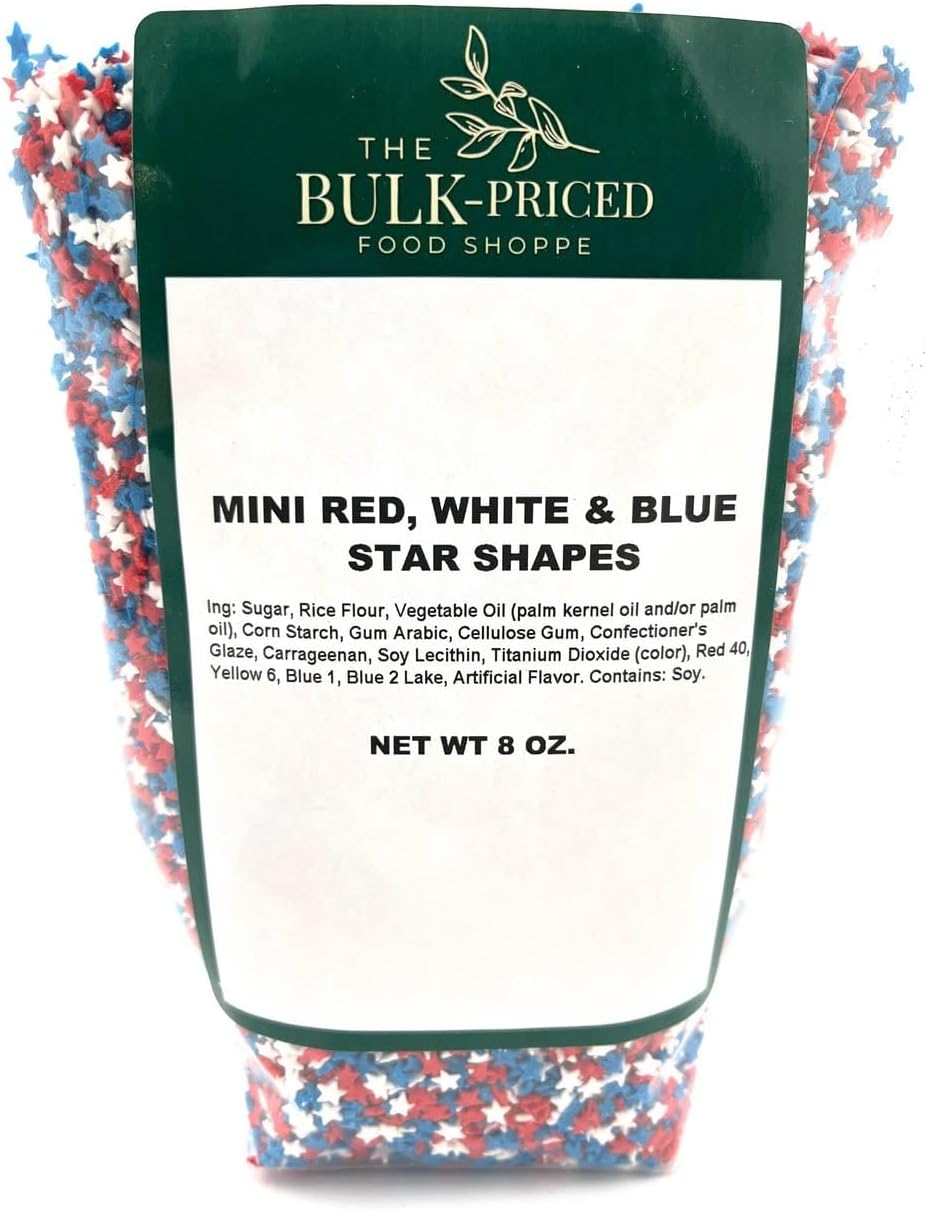 Mini Red, White and Blue Star Sprinkles, Bulk Size (8 OZ. Resealable Zip Lock Stand Up Bag)