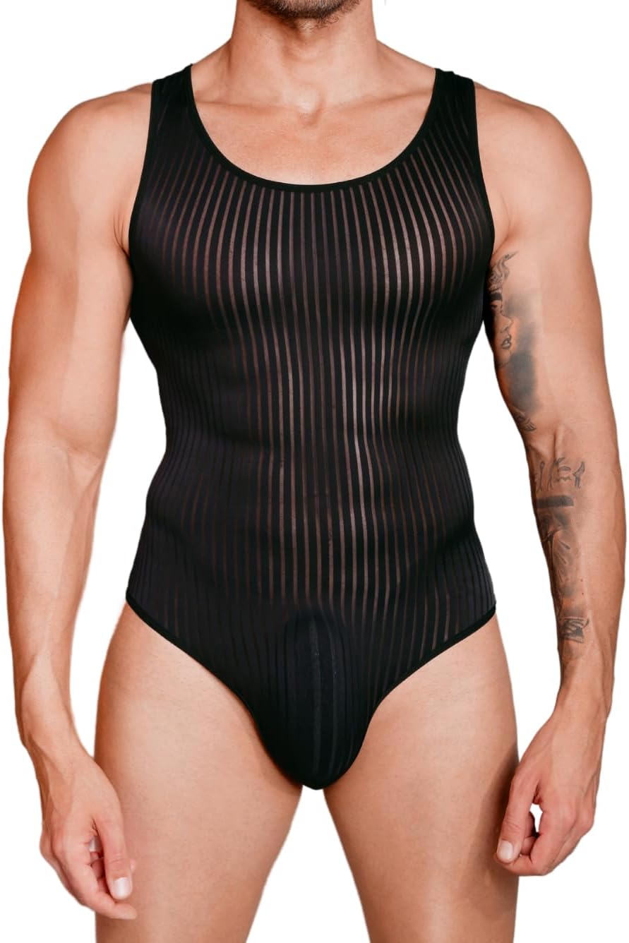 EHSUYAB Men's Sexy Lingerie, Ribbed Sheer Mesh Bodysuit, Shapewear Sissy Clothes Gay Club, Tank Top Muscle Suit Rave Outfits