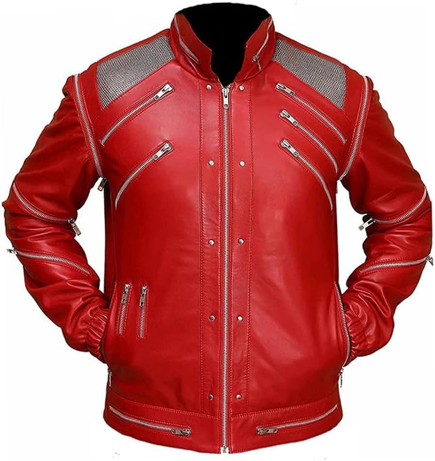 Mens MJJ B3at-It Red Leather Zipper Jacket | Thriller Jacket for Adult Costume for Halloween