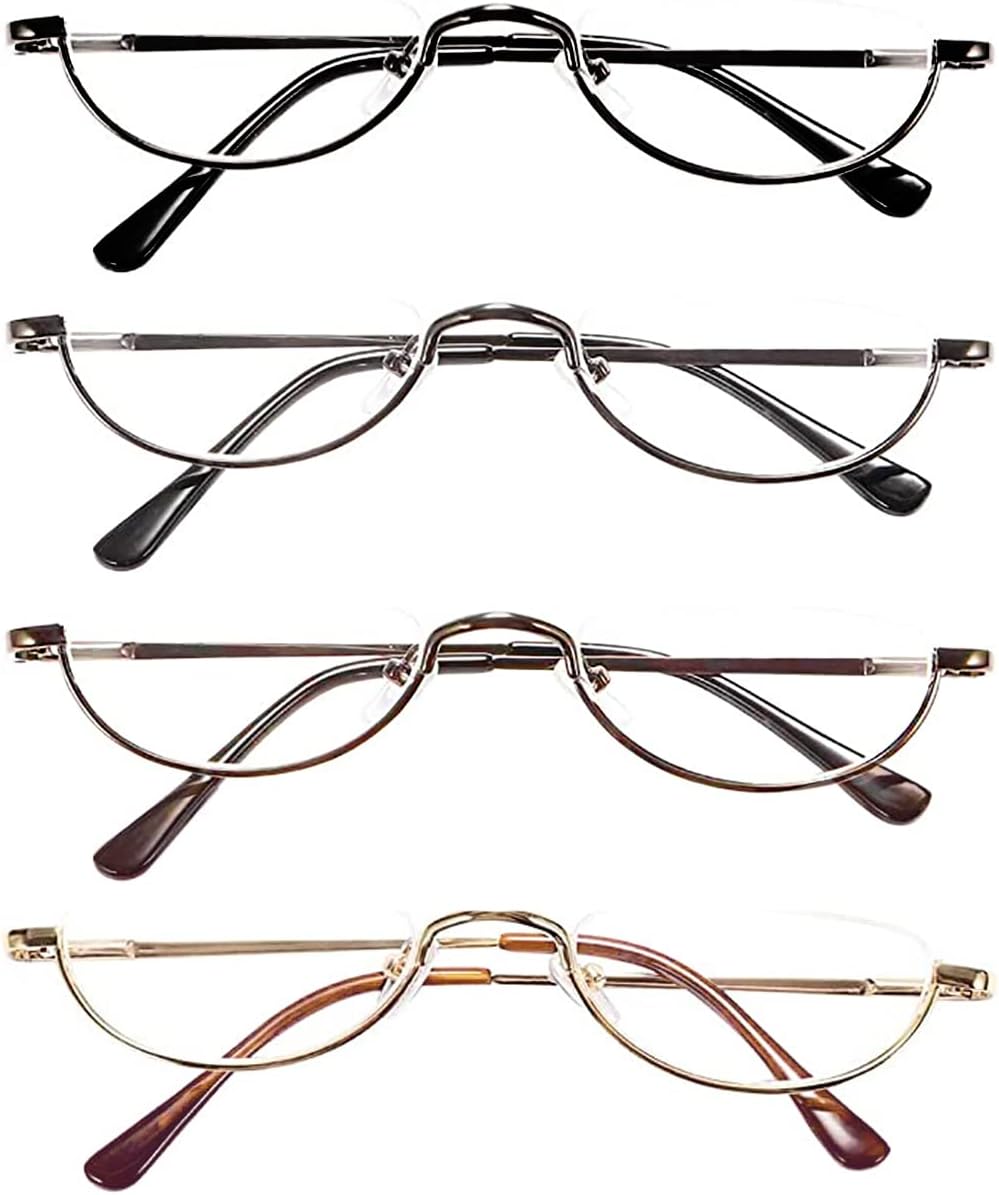 REAVEE 4 Pack Retro Designer Alloy Half Moon Reading Glasses for Women Men Half Frame Spring Hinge Stylish Slim Reader with Pouch, Black, Grey, Gold and Silver, 2.5