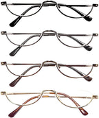 REAVEE 4 Pack Retro Designer Alloy Half Moon Reading Glasses for Women Men Half Frame Spring Hinge Stylish Slim Reader with Pouch, Black, Grey, Gold and Silver, 2.5