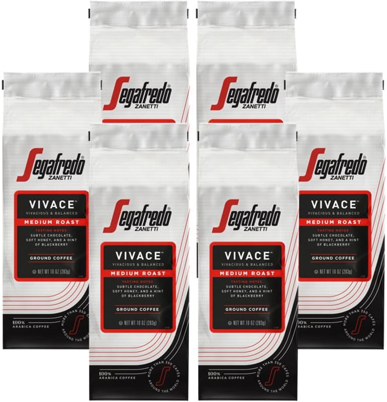 Segafredo Zanetti Ground Coffee – Made with Arabica Coffee – Medium Roast, Balanced with Smooth Acidity – Colombian & Brazilian Blend – Vivacious Medium Body – Vivace, 10oz Bag, Pack of 6