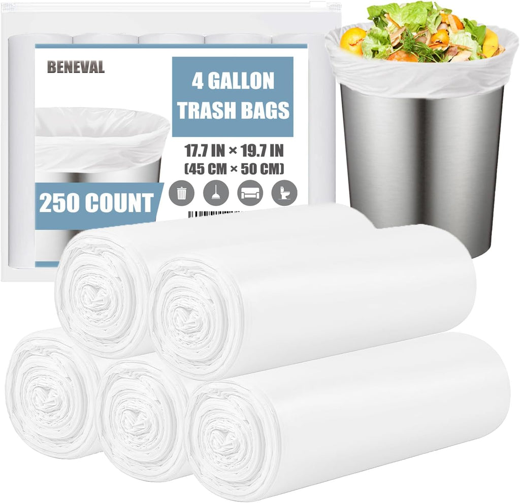 Beneval 4 Gallon Small Trash Bags, 250 Count, Unscented, Transparent, Durable, Ideal for Bathroom, Kitchen, Office, Bedroom