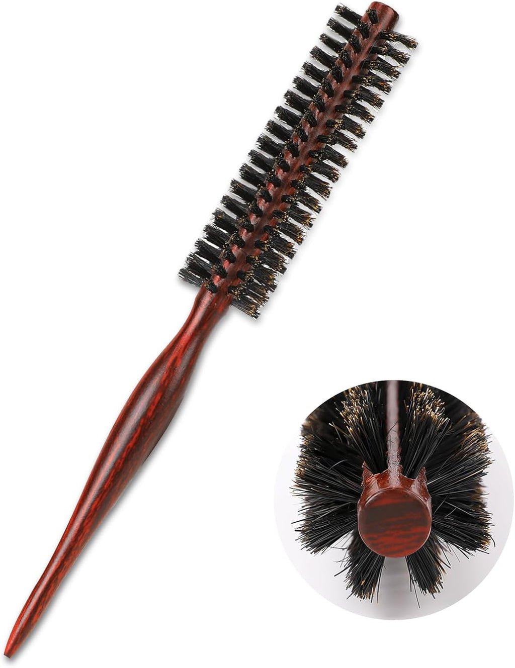 Small Boar Bristle Round Brush for Blow Drying, Styling - Wooden Handle, Soft Natural Bristles for Short/Thin Hair, Women and Men's Beard