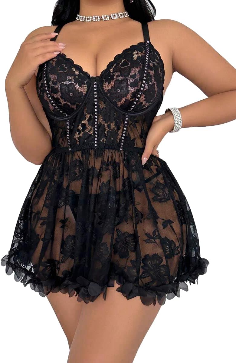 Mixxmix Plus Size Lingerie for Women Open Back Sexy Lingerie Dress Floral Lace Babydoll Chemise Lace Nightgown
