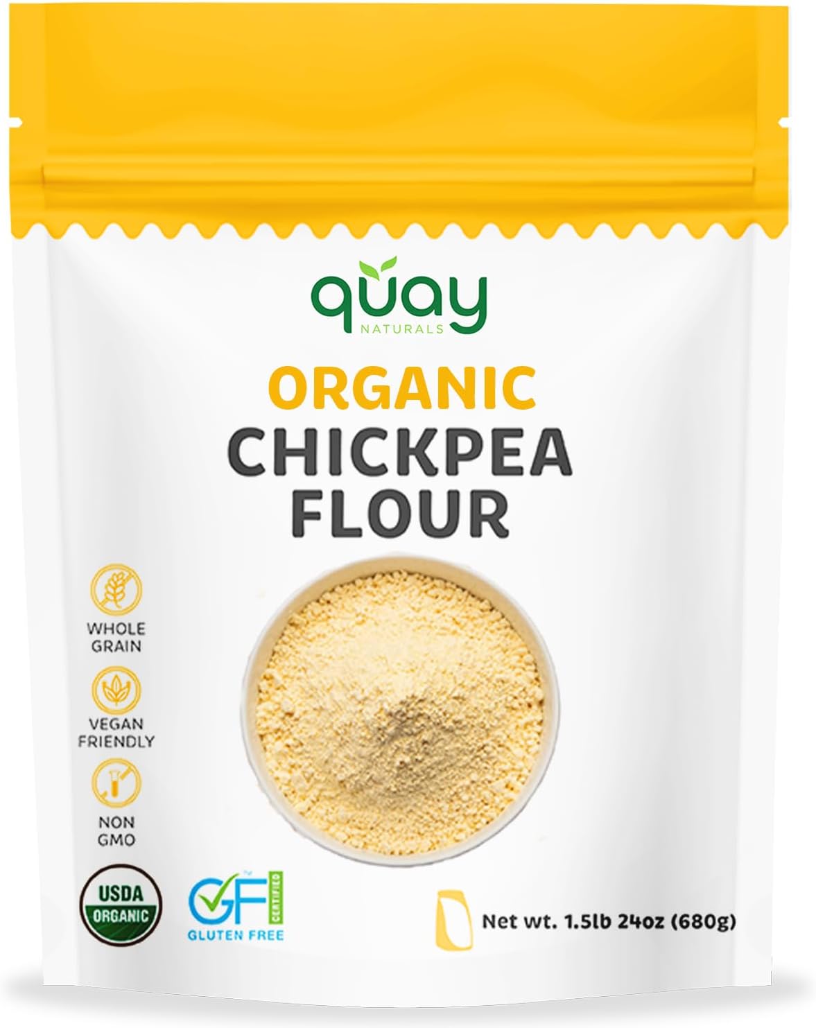 Quay Naturals Organic Chickpea Flour, Garbanzo Bean Flour, 1.5 lb, Non-GMO, Gluten-Free, Vegan. Ideal for Baking, Frying, Flatbreads & Grain-Free Cooking.