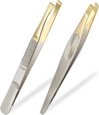 Tweezers, 2Pcs Eyebrow Tweezers Set, Stainless Steel Slant Tweezer, Facial Hair Remover for Women and Men