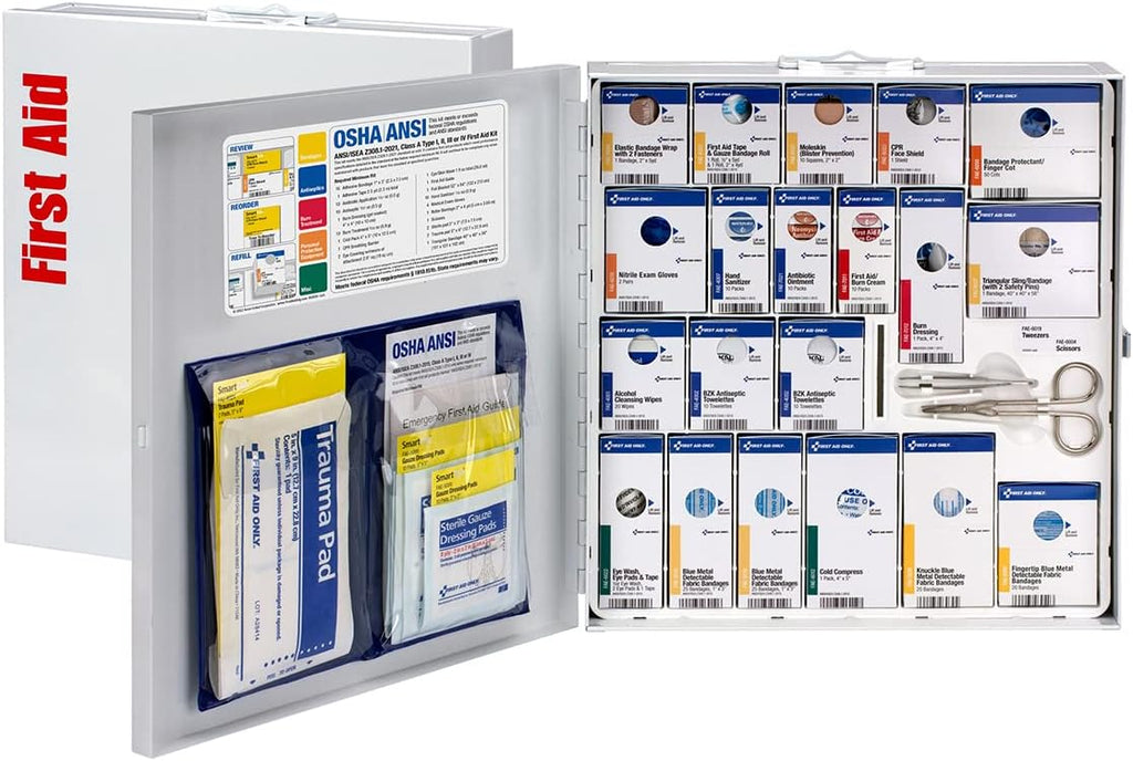 First Aid Only 746006 SmartCompliance 50-Person ANSI 2021 A and OSHA Compliant First Aid Kit for Restaurant Kitchen, Cafeteria, and Other Food Service Venues, Large Metal First Aid Cabinet