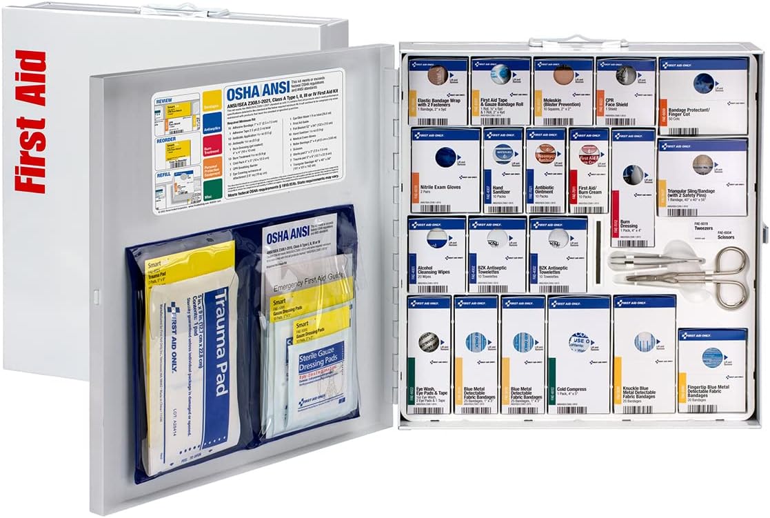 First Aid Only 746006 SmartCompliance 50-Person ANSI 2021 A and OSHA Compliant First Aid Kit for Restaurant Kitchen, Cafeteria, and Other Food Service Venues, Large Metal First Aid Cabinet