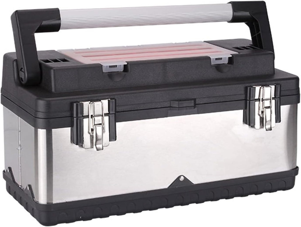 Toolbox Tool Box - Portable Lockable Storage, Stainless Steel and Plastic Construction - Removable Tray, Toolbox Organizer with Alum Alloy Handle Double-Lock Waterproof Toolbox Mobile Work Centre Tool