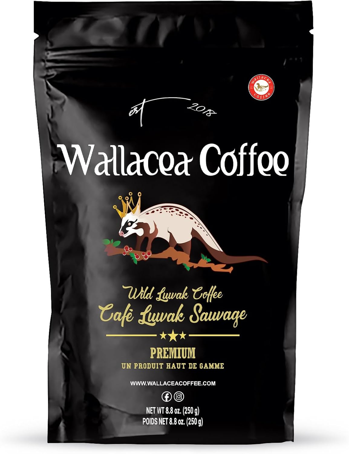 Wallacea Coffee Certified Wild Kopi Luwak Coffee Ground, Wild Civet Cat Coffee Ground, from Gayo Sumatra Indonesia 8.8 Oz (Ground)