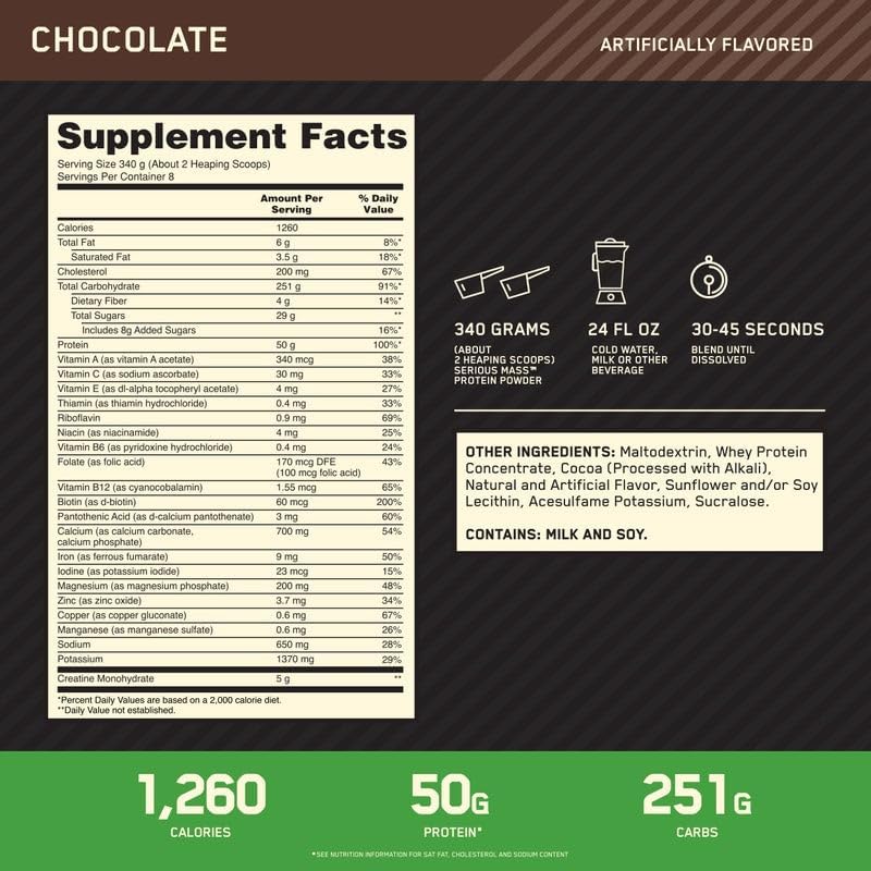 Optimum Nutrition Serious Mass, Weight Gainer Protein Powder, Mass Gainer, Vitamin C and Zinc for Immune Support, Creatine, Chocolate, 6 Pound (Packaging May Vary)