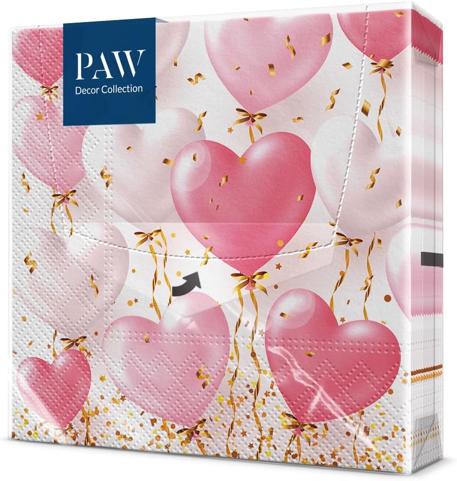 PAW Paper Napkin 3 Ply (33 x 33 cm) I Pack of 20 Perfect for Birthdays, Parties, Weddings, Kommunion and Celebrations, Table Decoration – Pink Heart Balloons