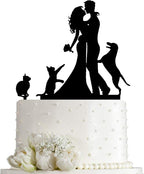 Kissing Bride and Groom with Cat and Dog Silhouette Wedding Acrylic Cake Topper (Black)