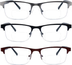 3 Pack Bifocal Reading Glasses for Men Metal Half Frame Bi-focal Readers Clear Top Far/Near Dual-use Eyeglasses,Black/Brown/Gun metal, +2.00