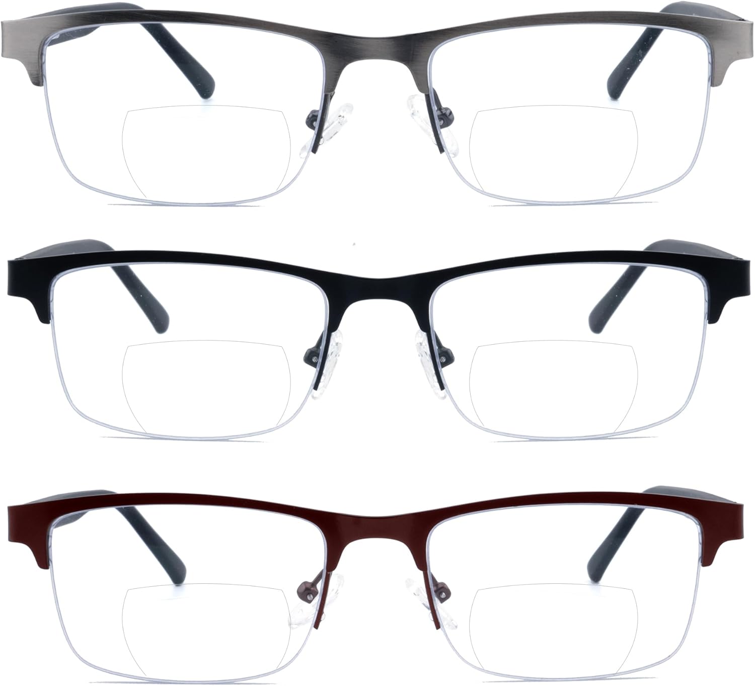 3 Pack Bifocal Reading Glasses for Men Metal Half Frame Bi-focal Readers Clear Top Far/Near Dual-use Eyeglasses,Black/Brown/Gun metal, +2.00
