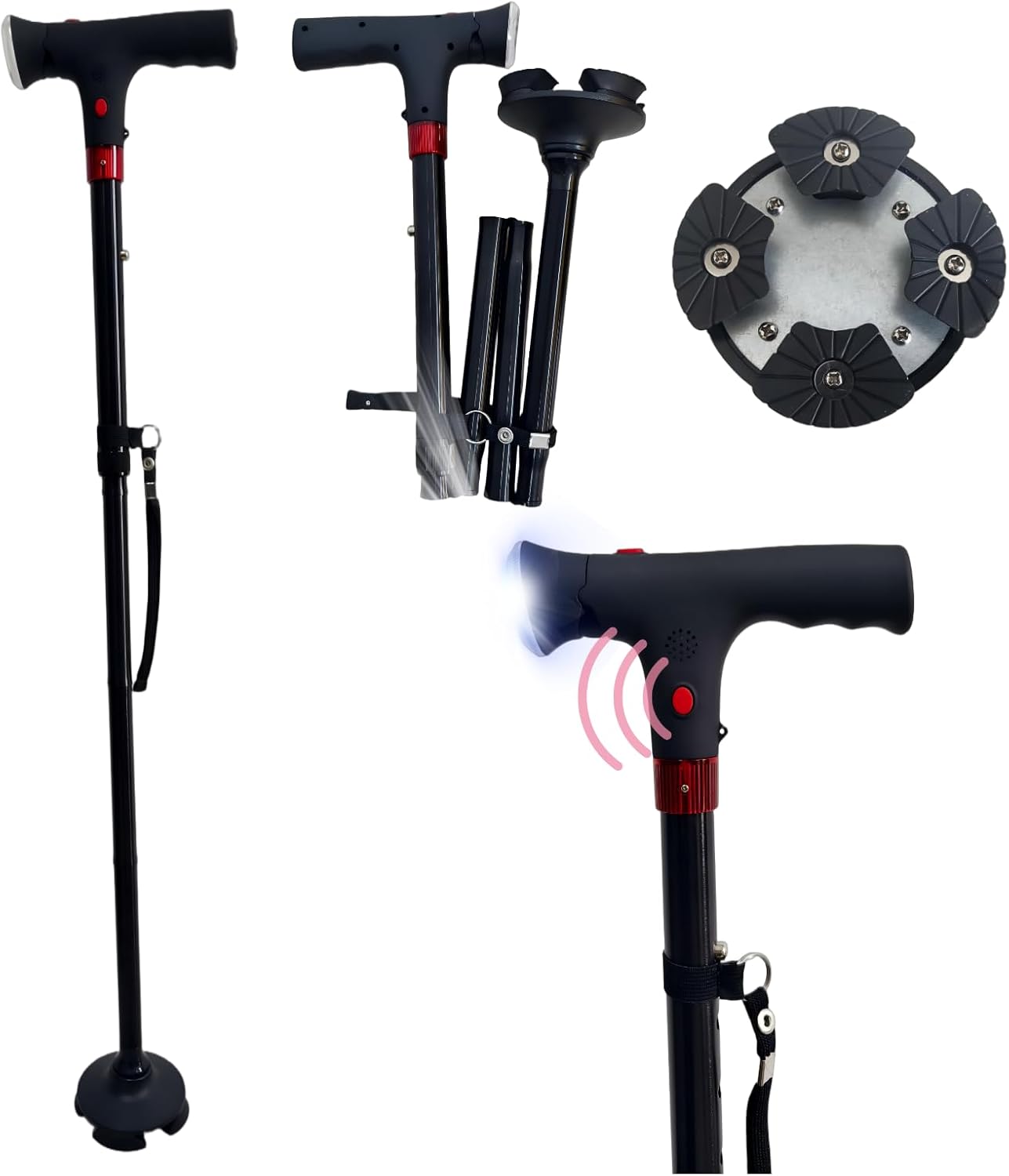 Ready Walker Walking Cane for Men & Women - Folding Canes with Non-Slip Handle, 360° Rotating Base, LED Light & Emergency Alarm - Senior Balance Assistance Cane for Daily Walking