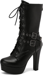 Black Platform Boots Mid Calf for Women Block High Heels
