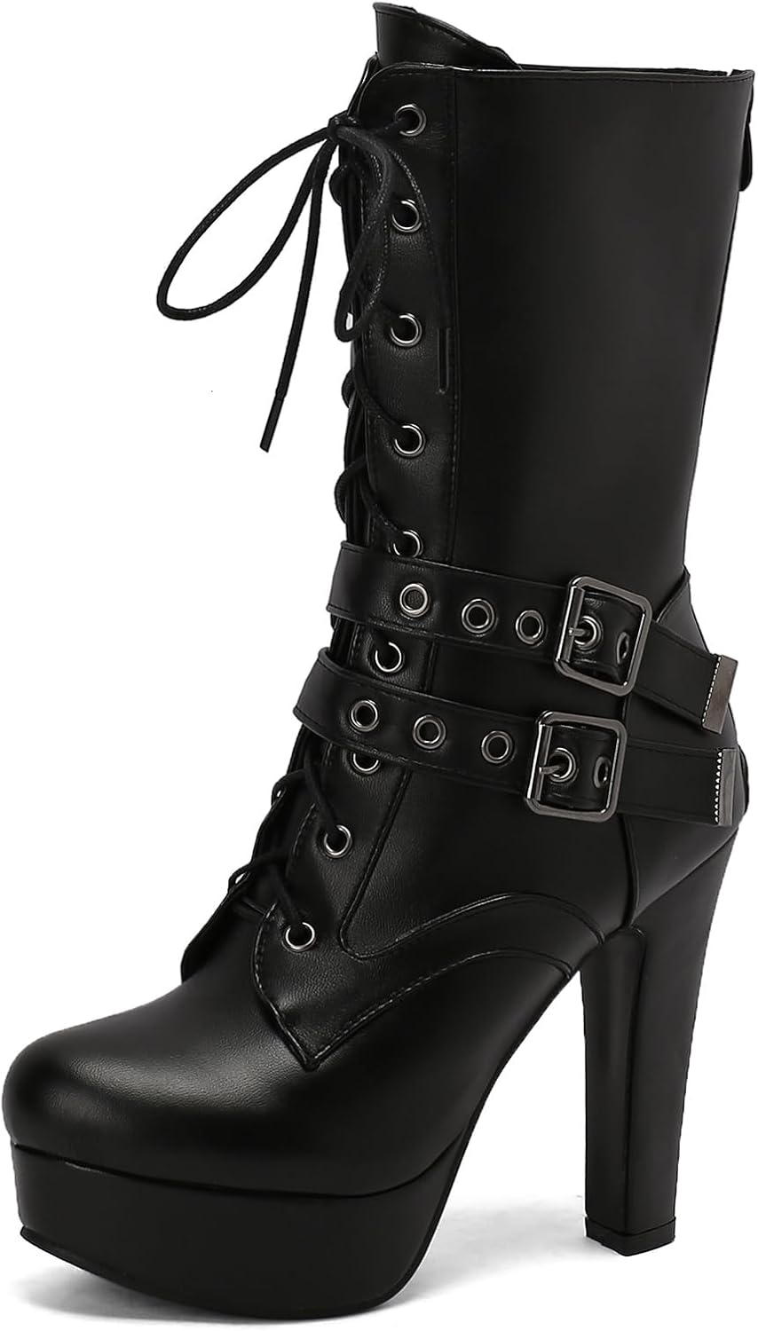 Black Platform Boots Mid Calf for Women Block High Heels