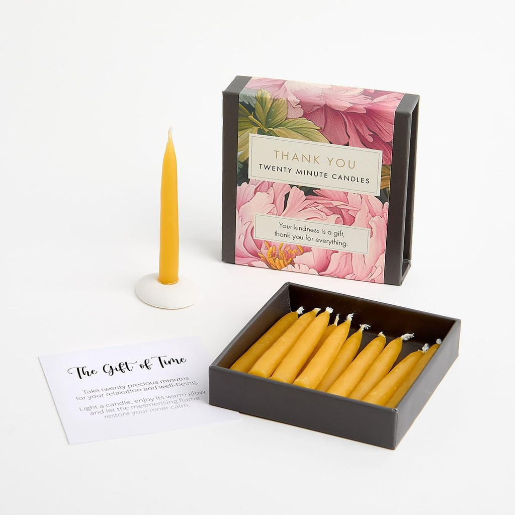 Signature Collection – Thank You (Floral). 12 x Twenty Minute Candles with a Ceramic Holder.