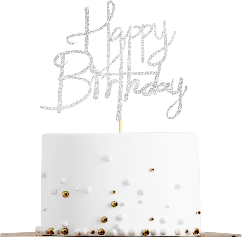 Sotpot Happy Birthday Cake Topper Silver Glitter Happy Birthday Cake Topper for Birthday Anniversary Party Cake Decorations Supplies