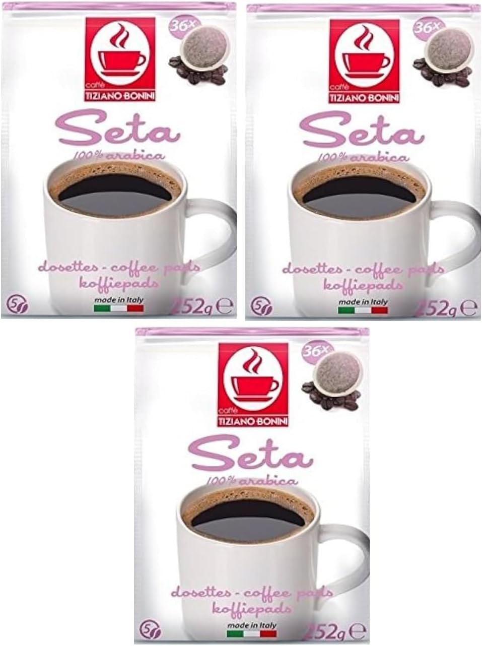 Bonini Seta Coffee Pads, Senseo Compatible Coffee Pads/Pods x36 (Pack of 3, Total 108 Pads)