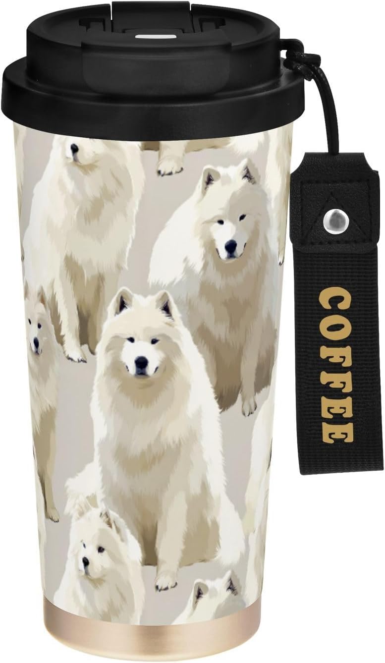 17 oz Insulated Coffee Mug Samoyed Dog White with Straw and Leak Proof Lid Double Wall Water Bottle Stainless Steel Vacuum Thermal Travel Drinking Cup for Hot/Cold Drink
