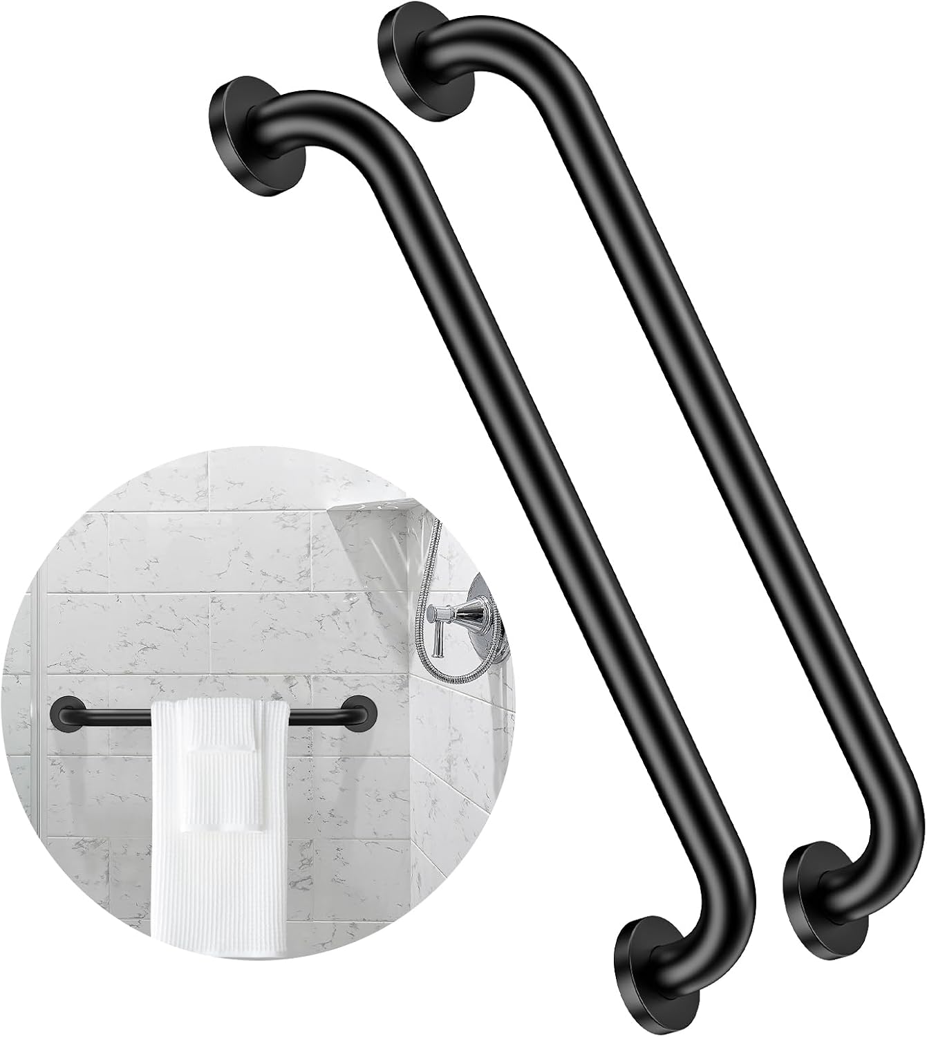 2 Pack 24 Inch Matte Black Shower Grab Bar - 1.5" Diameter, ZUEXT Stainless Steel Bathroom Grab Bar Handle, Bath Balance Bar,Safety Hand Rail Support, Handicap Injury Elderly Senior Assist Bath Handle