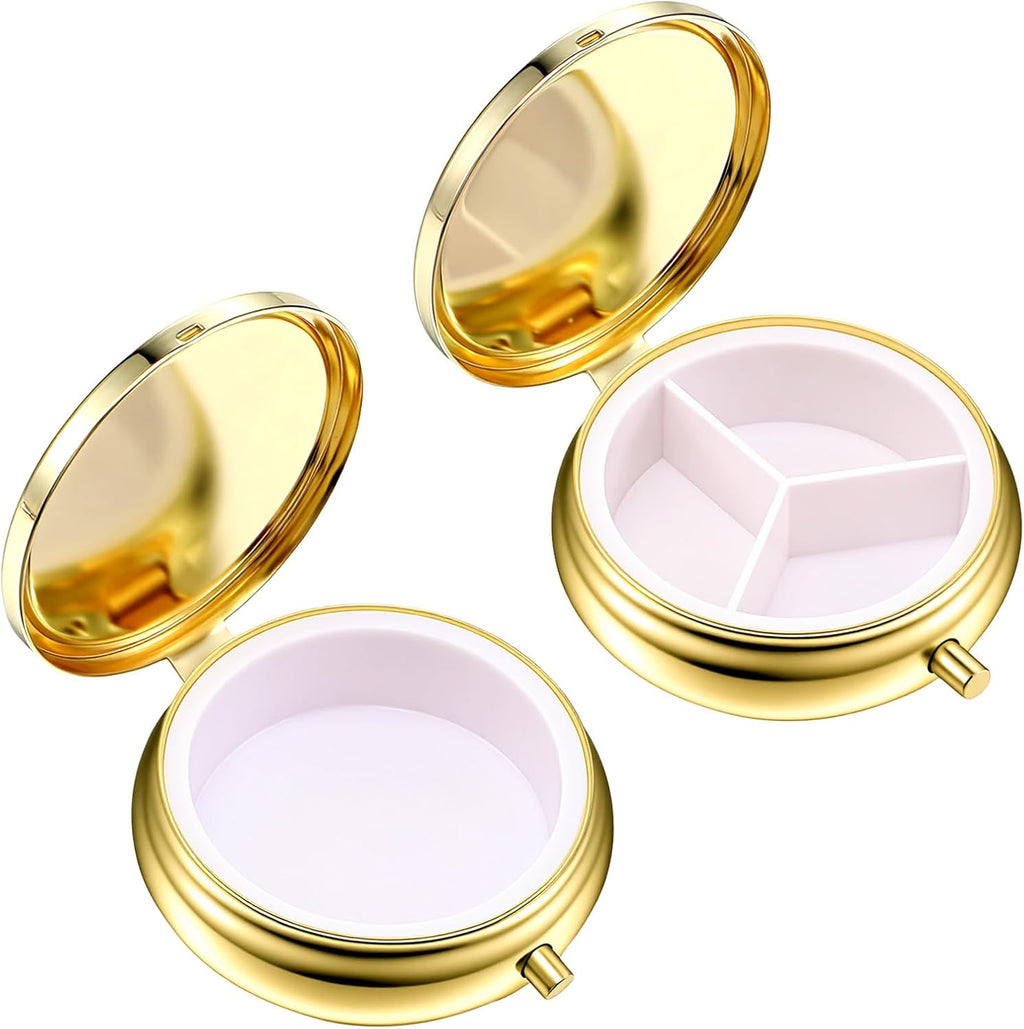 2Pcs Pill Box, 3 Compartment Round Small Pill Case & 1 Compartment Cute Travel Pill Organizer, Waterproof Metal Pills Container Holder for Vitamins Medication Fish Oil Supplements(Gold)