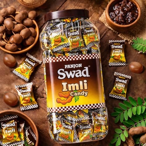 Swad Chulbuli Imli Hard Candy Jar 150 Pieces Authentic Tangy Tamarind Chatpati Candy Traditional Indian Snack Natural Ingredients Mouth Freshener Perfect Party Favor Gift