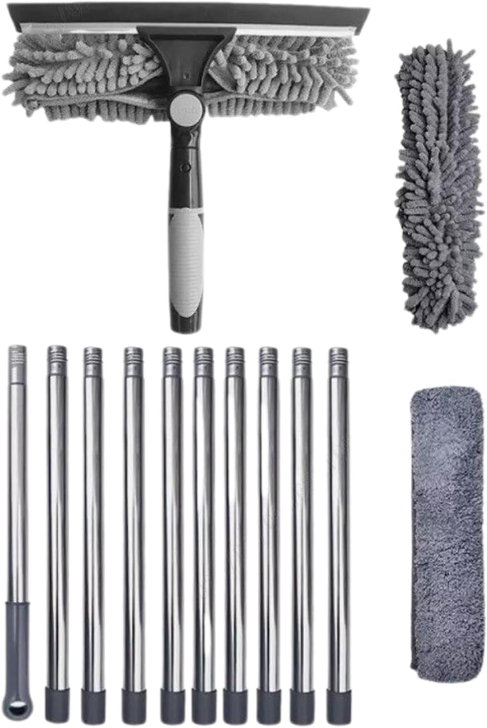 Window Cleaner – 15 Foot Extendable Glass Brush, 2 in 1 Long Handle Cleaner with 10 Extension Poles and 2 Microfiber Cloths | High Window Cleaning Tool for Home Office