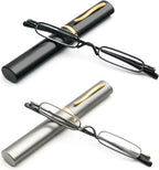 2 Pack Mini Slim Reading Glasses Spring Hinge Metal Reading Aid Unisex Visual Aid with Case