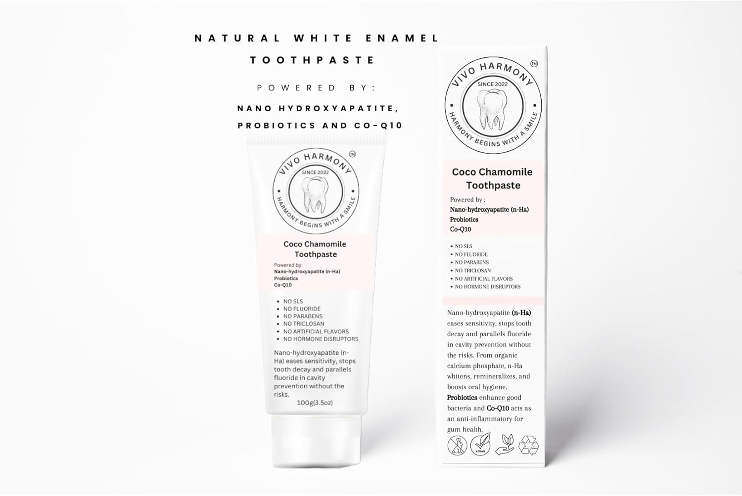 VIVO Harmony™ 100% Natural Toothpaste, Organic, Stop Cavities, Remineralizing, Sensitive Teeth, Probiotics, CoQ10. Dentist Developed with NanoHydroxyapatite/Adults & Kids, 3.5oz.