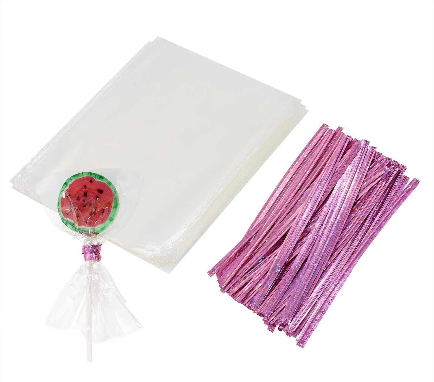 Mini Skater CakePop Bags Pack of 100 Clear Cellophane Treat Gift Bag with Pink Twist Ties for Making Candy Cookies Chocolates Wedding Christmas Bridal Shower Birthday Party Favors (3x4 Inch)