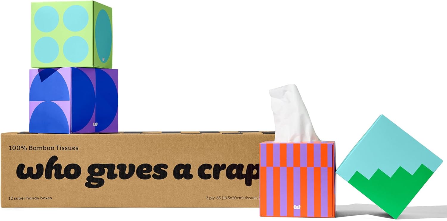 Who Gives a Crap Bamboo Tissues, Facial Tissue Cube Boxes, 100% Bamboo, 3 Ply, 12 Boxes, 65 Sheets per Box, Soft, Strong, and Sustainable, Eco Friendly With Plastic Free Packaging, 780 Total Tissues