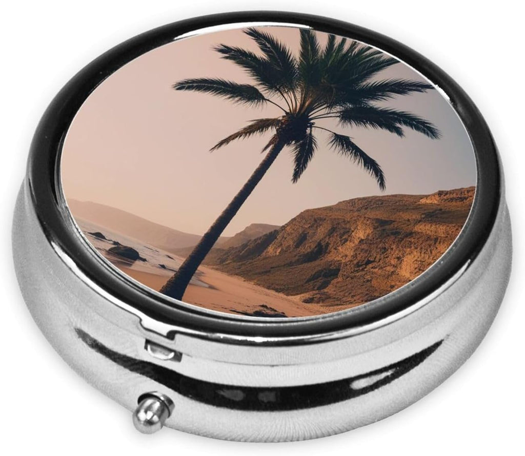 ZhongGuo Ocean Palm Tree Printed Pill Organizer,Round Travel Pill Organizer Mini Medicine Pill Box for Purse Iron Plating